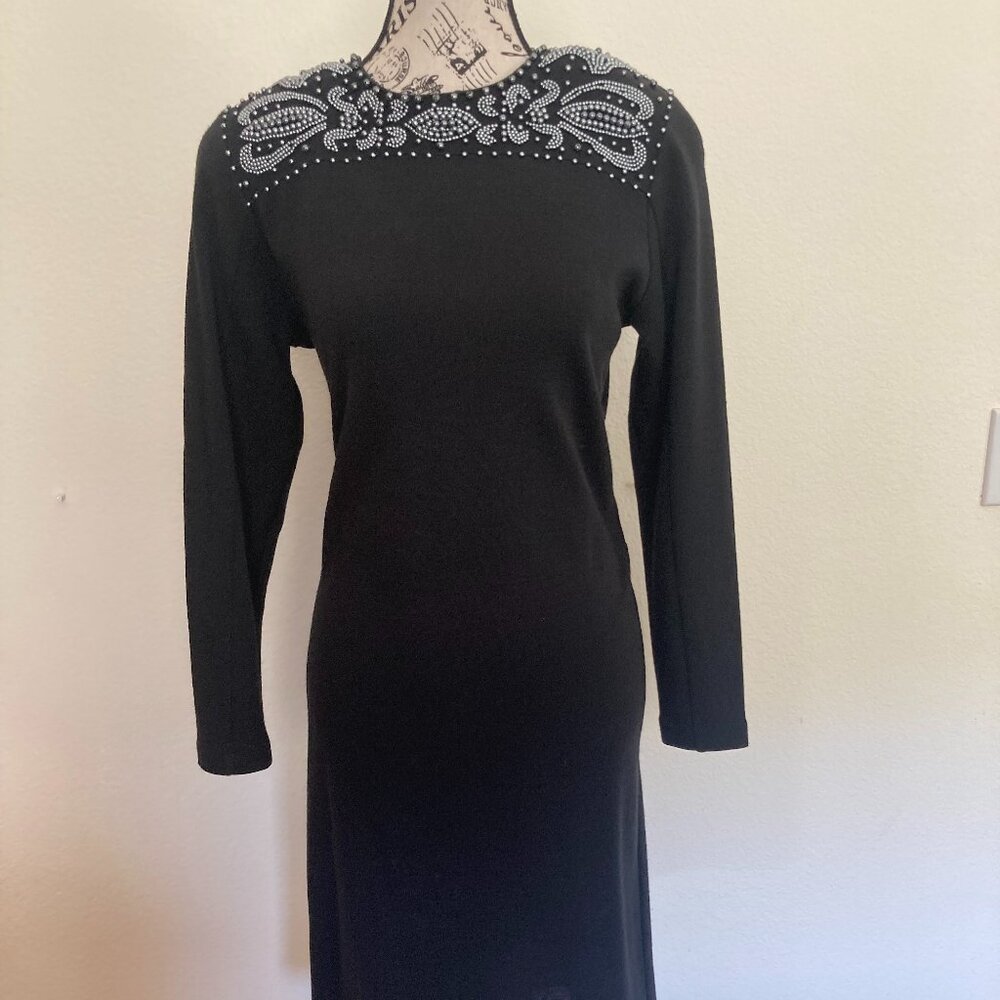 Liz Claiborne Black Beaded Long-Sleeve Sheath Dress